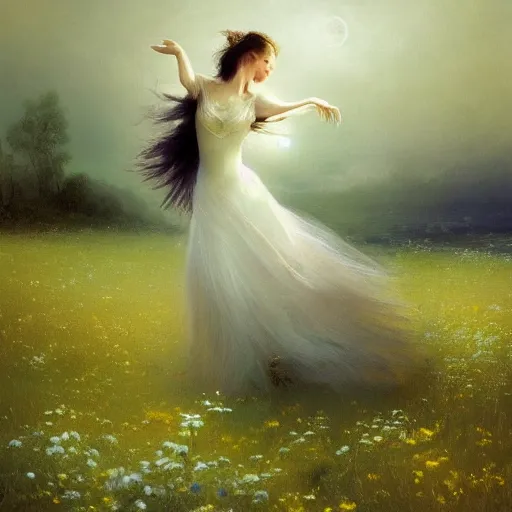 Image similar to the moonlit dance of the fae, dancers in white dancing across a flower meadow the moonlit dance by elena vizerskaya and ivan aivazovsky, perfectly detailed, artstation, sharp focus, highly detailed, studio photography, atmospheric, trending on artstation, surrealist, volumetric lighting