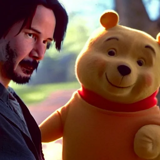 Image similar to A still of Keanu Reeves as Winnie the Pooh