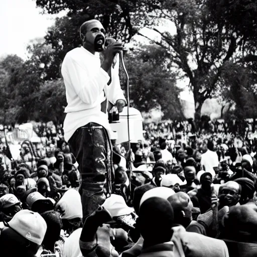 Image similar to vintage photograph of Kanye West speaking at the Million Man March, Sigma 40mm, portrait, black and white