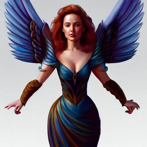 Image similar to 3 / 4 view of a portrait of a pretty woman with wings with wings, confident pose, digital painting, artstation, concept art, smooth, sharp focus, illustration, trending on artstation, highly detailed, concept art, mike esposito comics mickey demeo, trending on artstation, imax 7 0 mm, h 6 4 0