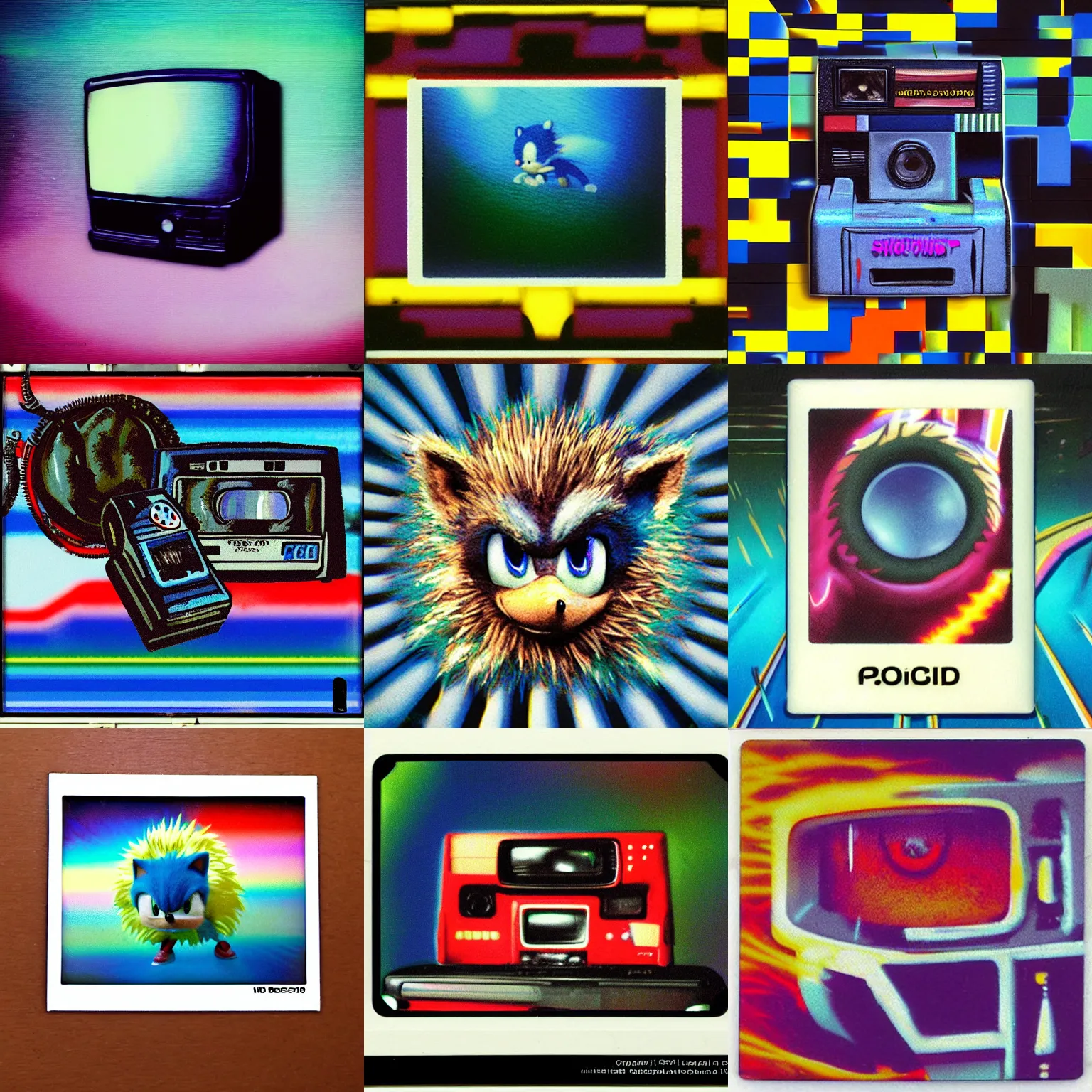 Prompt: close up polaroid vhs ntsc portrait of sonic hedgehog, matte painting landscape of a surreal sharp foggy detailed professional soft pastels high quality airbrush art album cover of a liquid dissolving airbrush art lsd dmt sonic the hedgehog swimming through cyberspace vhs checkerboard background 1 9 9 0 s 1 9 9 2 sega genesis rareware video game album cover