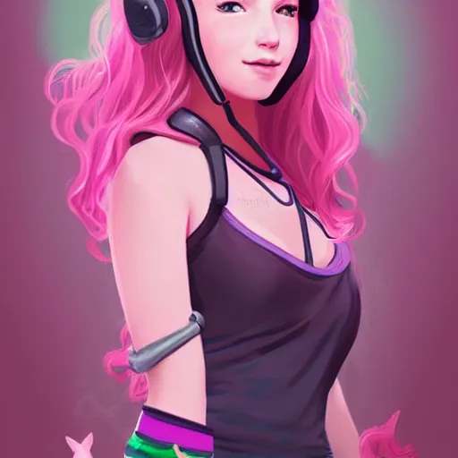 Image similar to very very very beautiful pink gamer girl wearing headphones with a unicorn horn coming out of her head standing in a pink girls room, full body portrait, eye contact, smiling, perfect face, perfect body, extreme long shot, drawn by charlie bowater