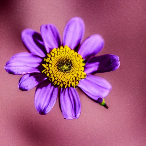 Prompt: closeup photo of single purple camomile's petal flying above a soviet city, aerial view, shallow depth of field, cinematic, 8 0 mm, f 1. 8