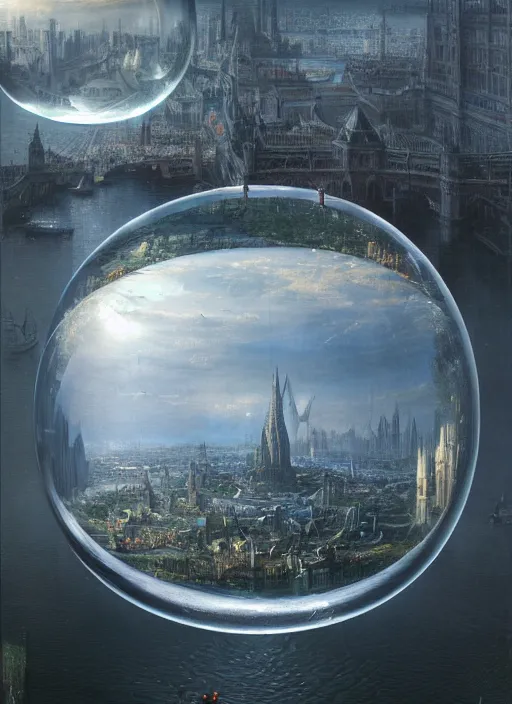 Image similar to a giant water bubble with a reflection of a city, modern fine art, fractal, intricate, elegant, highly detailed,, by jheronimus bosch and greg rutkowski,