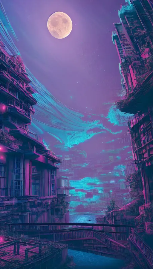 Image similar to reclaimed by nature by moon hoon, darkacademia atlantis cosmic san andreas at dawn neon signs tokyo synthwave universe, archdaily, wallpaper, highly detailed, trending on artstation.