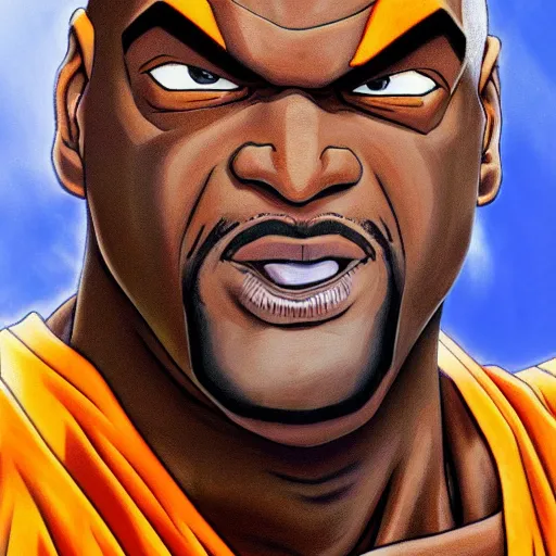 Image similar to ultra realistic portrait painting of shaquille o'neal as super saiyan goku, art by akira toriyama, 4 k, dragon ball artstyle, cel shaded, highly detailed, epic lighting