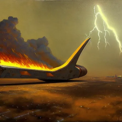 Image similar to a egyptian spaceship, stuck in the ground, the spaceship is on fire, smoke, rainstorm, lightning, angry, kinetic, john sargent, adolphe bouguereaum, norman rockwell, trending on artstation, highly detailed oil painting,