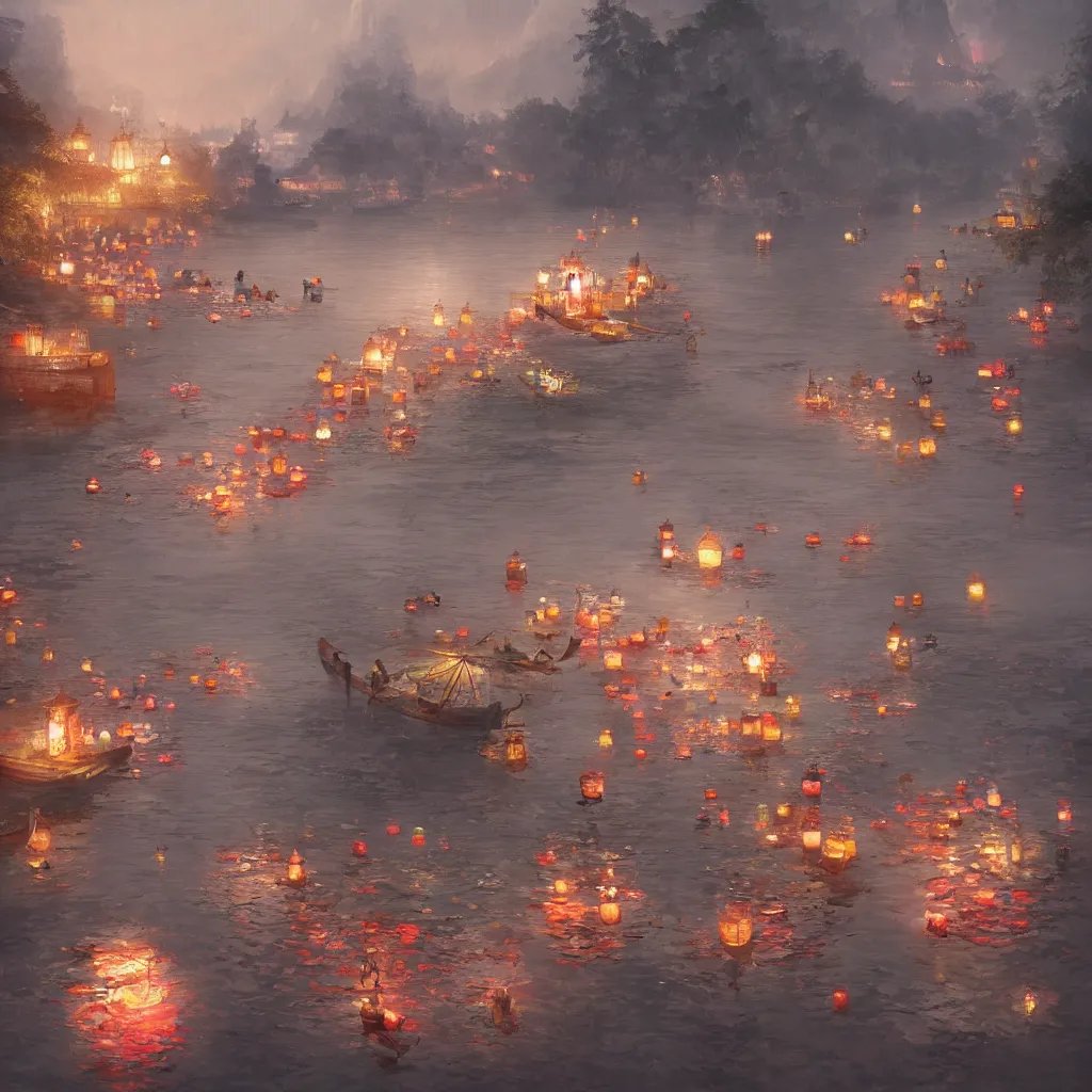 Prompt: grand festival, river lanterns are floating on the water, chinese watercolor style, trending on artstation, global illumination, radiant light, night lighting, art by wlop and greg rutkowski,, detailed and intricate environment, 8 k