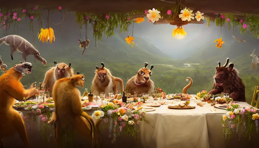 Prompt: a table dinner of exotic animals where animals are dressed like the characters from the midsommar movie wearing flowers, realistic detailed digital art by maxwell boas jessica rossier christian dimitrov anton fadeev trending on artstation cgsociety rendered in unreal engine 4 k hq