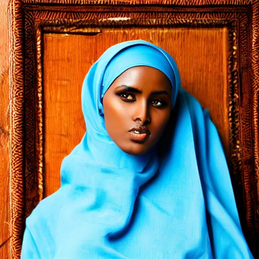 Image similar to somali woman, somali traditional attire, model, simple backdrop, portrait, beautiful, intricate, sharp focus on eyes, detailed face