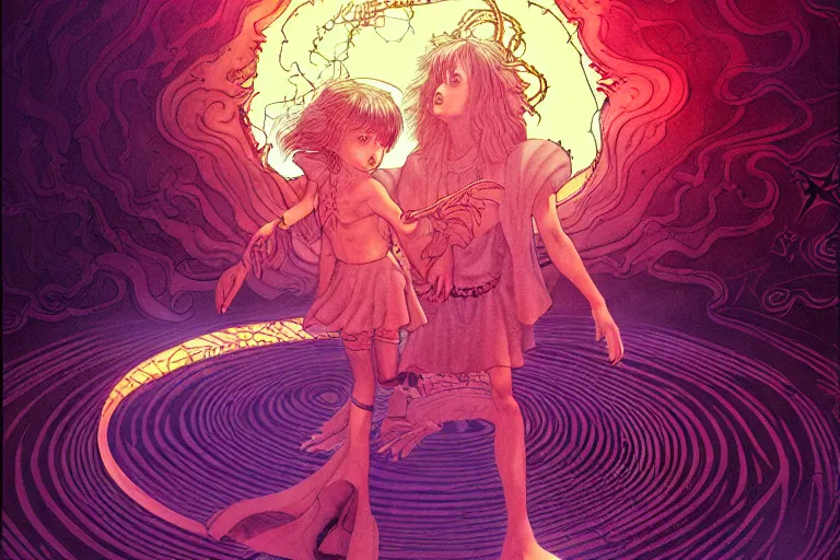 Image similar to digital illustration of a child summoning an occult spectral demon, in the style of moebius, ayami kojima, 9 0's anime, retro fantasy