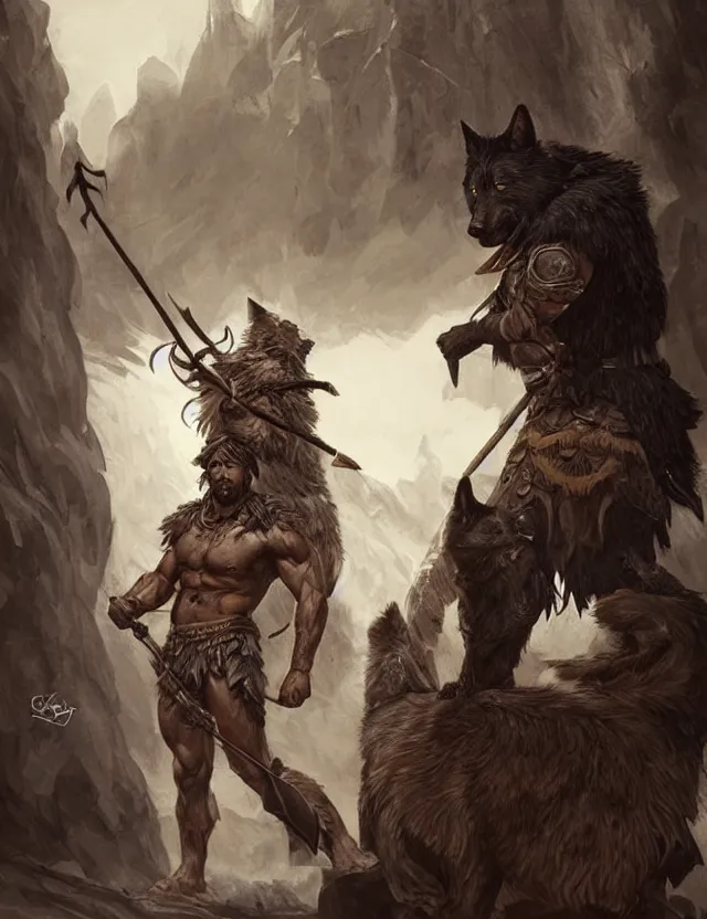 Image similar to portrait of a gruff ranger with a spear, accompanied by a black wolf, muscular, handsome face, hairy body, D&D, fantasy, intricate, elegant, highly detailed, digital painting, artstation, concept art, matte, sharp focus, illustration, art by Artgerm and Greg Rutkowski and Alphonse Mucha