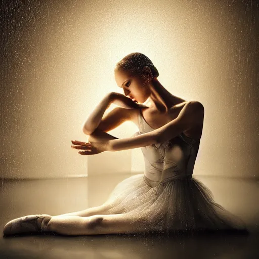 Image similar to portrait of a ballerina with a beautiful porcelain face, rain, cinematic light and reflections, beautiful dreamy lighting, photographed by annie leibovitz, zbrush,