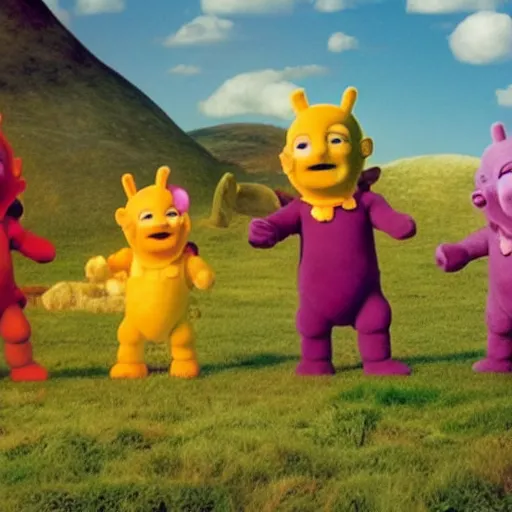 Prompt: kratos in teletubbies, from the new movie teletubbies, directed by peter jackson, bokeh, hyperrealism