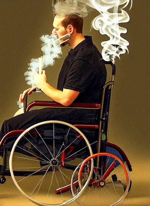 Image similar to timothy chamelet smoking a joint sitting in a wheel chair, photo, realistic