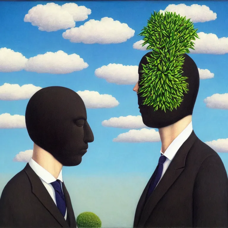 Image similar to portrait of a faceless beautiful flower - head man in a suit, clouds in the background, by rene magritte, detailed painting, distance, middle centered, hd, hq, high resolution, high detail, 4 k, 8 k