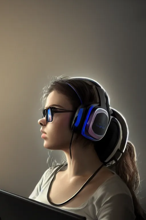 Image similar to gamer girl playing a game on her computer, portrait shot of her face lit up by the monitor, wearing gaming headset, hyperrealistic, trending on artstation, intricate detail, dark atmosphere, dynamic lighting