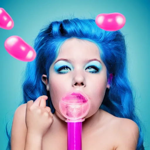 Prompt: girl with blue hair blowing a pink bubble. graphic design