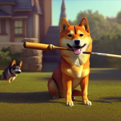 Image similar to weta disney pixar movie still photo of funny shiba inu with baseball bat : : dog by pixar : : giant sign that says bonk : : by weta, greg rutkowski, wlop, ilya kuvshinov, rossdraws, artgerm, octane render, iridescent, bright morning, anime, liosh, mucha : :