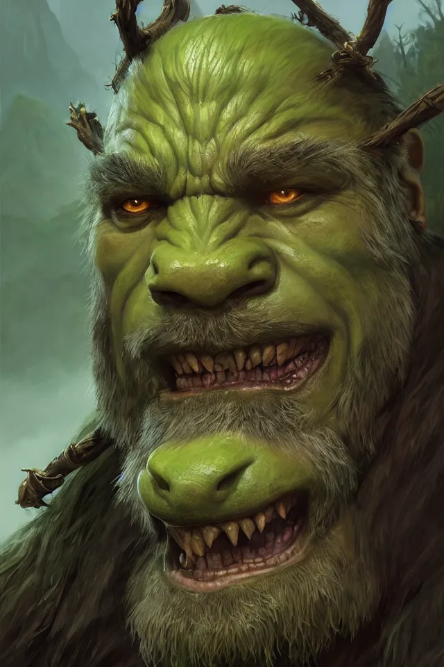 Image similar to portrait of a druidic green mountain orc, looking at camera, d & d, savage warrior, fur attire, aztec hair, large noses, intricate, fantasy, extremely detailed, digital painting, artstation, concept art, smooth, sharp focus, illustration, ambient lighting, art by artgerm and greg rutkowski and alphonse mucha and simon stalenhag