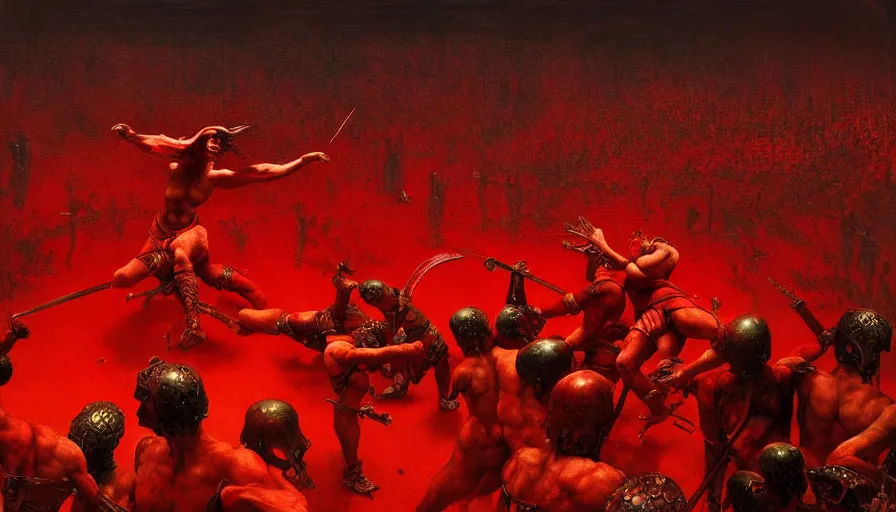 Image similar to only with red, bloody gladiator battle in a crowded roman amphitheatre, crowd cheering, in the style of beksinski and edward hopper and rodcenko and yue minjun and cory loftis, intricate and epic composition, red by caravaggio, highly detailed, masterpiece, red light, artstation, art nouveau