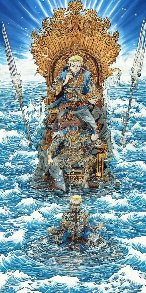 Prompt: a lone emperor sitting on a throne floating on water in the middle of a lake drawn by Makoto Yukimura in the style of Vinland saga anime, full color, detailed, psychedelic, Authority