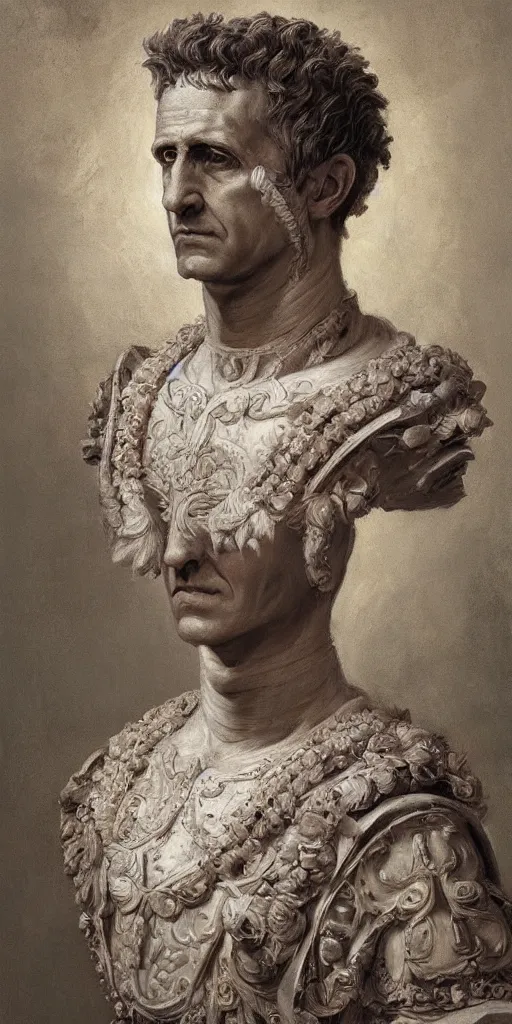 Prompt: a stunning and noble highly detailed romantic period style portrait of Julius Caesar, by Josep Tapiró Baró, trending on artstation, oil painting masterpiece, symmetry, fractals, Roman iconography