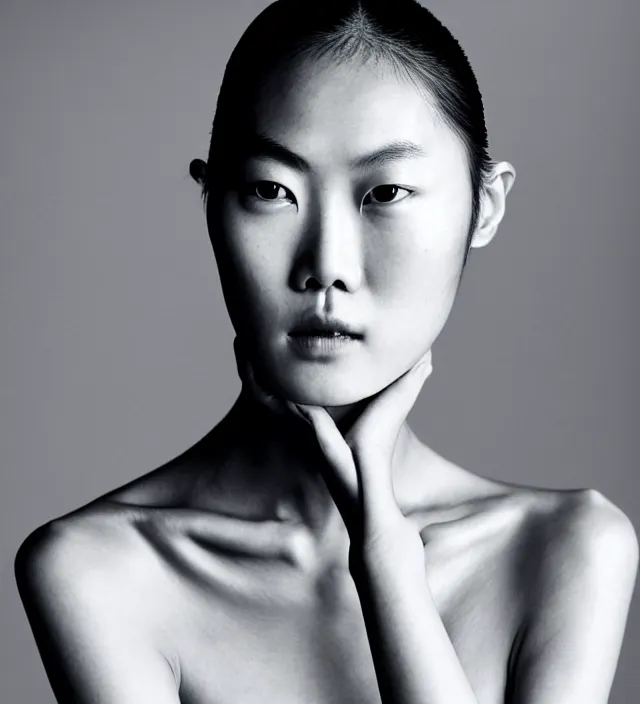 Image similar to photography facial portrait of liu wen, natural background, sensual lighting, natural fragile pose, wearing stunning cape by iris van herpen, with a colorfull makeup. highly detailed, skin grain detail, photography by paolo roversi, nick knight, helmut newton, avedon, araki