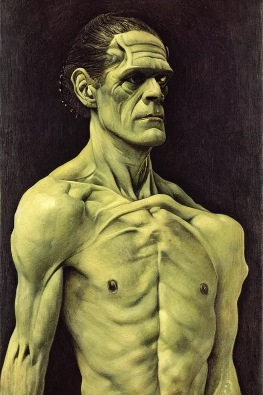 Image similar to a portrait of Frankenstein, by Annie Swynnerton and Nicholas Roerich and Jean Delville, dramatic cinematic lighting, extremely detailed