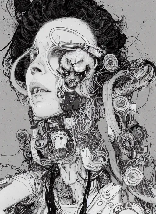 Image similar to highly detailed portrait of wasteland punk long curly fire hair tribal lady, stray wiring by atey ghailan, james gilleard, by joe fenton, by greg rutkowski, by greg tocchini, by kaethe butcher, 4 k resolution, gradient red, orange, black and white color scheme!!! ( ( flaming robotic dystopian city spiral background ) )