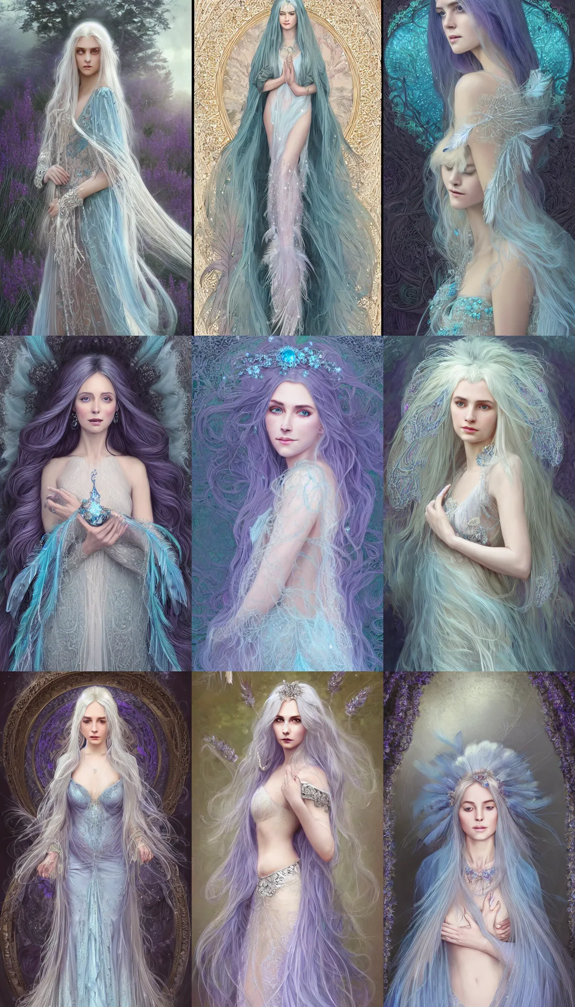 Prompt: portrait of a woman with long white hair, dreamy and ethereal, large topaz-blue eyes, lacy ornate ritual gown, feather and crystal jewelry, intricate, elegant, whimsical pose suggesting magic, fantasy, lavender and tones, digital painting, highly detailed, artstation, concept art, smooth, sharp focus, by artgerm and greg rutkowski and alphonse mucha and bouguereau