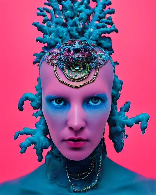 Image similar to natural light, soft focus portrait of a cyberpunk anthropomorphic coral with soft synthetic pink skin, blue bioluminescent plastics, smooth shiny metal, elaborate ornate head piece, piercings, skin textures, by annie leibovitz, paul lehr