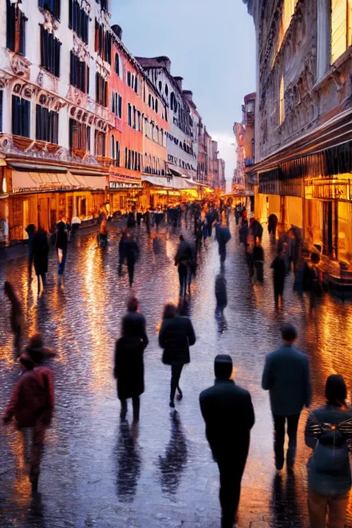 Image similar to crowd of people walking on rainy street at dusk golden hour , hyper-realistic environment, new york , venice