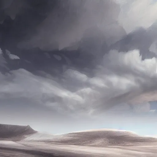 Image similar to an ice covered desert slightly visible thru enormous clouds ,concept art, illustration highly detailed artwork cinematic hyper realistic