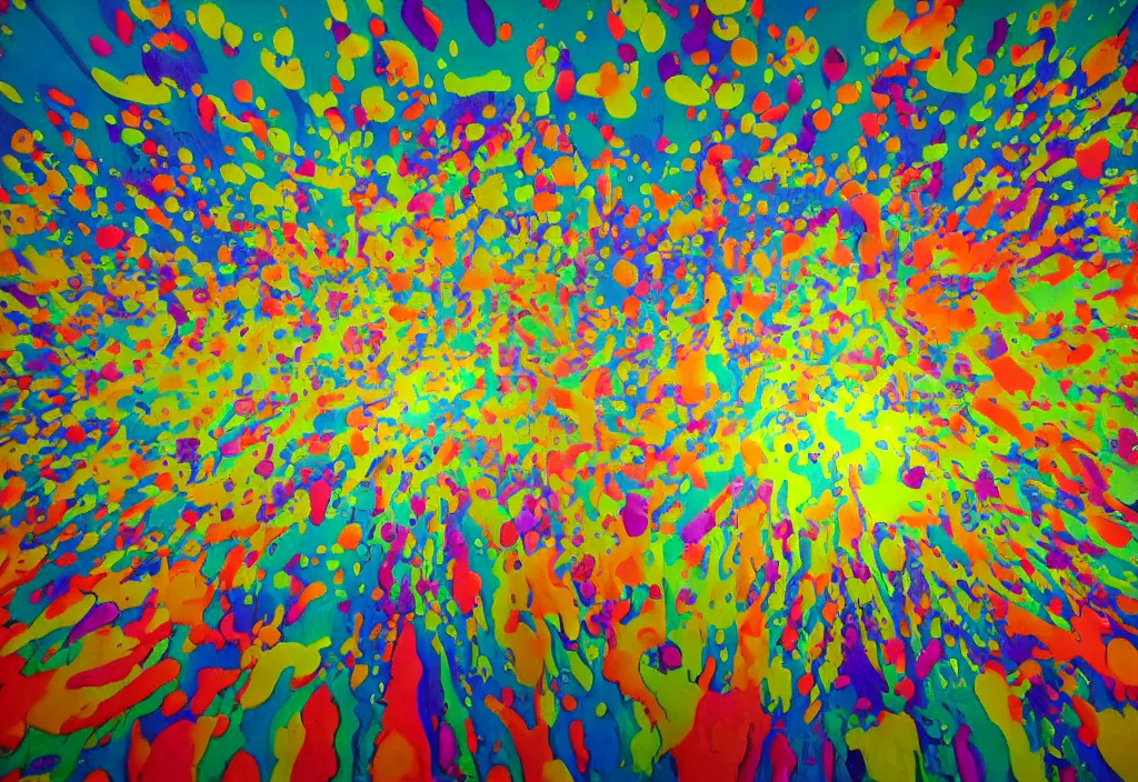 Image similar to in an art gallery with art in the style of Nickelodeon, gelatinous rainbows blobs hover over the patrons' heads, exploding and splattering all over the people. the gallery's recursive paintings of paintings are in focus