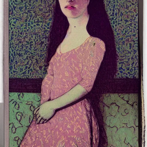 Prompt: a lonely girl in an empty room, colored daguerreotype, by Mackintosh, by Klimt, art noveau, Wallpaper by Ernst Haeckel, eerie, liminal, bright pastel colors,