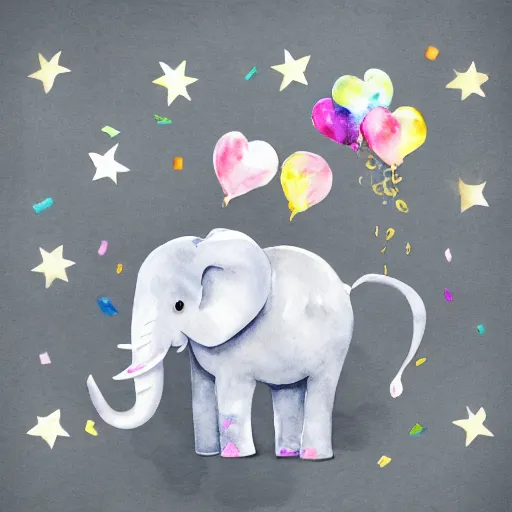 Image similar to watercolor gray baby elephant with trunk up in air and confetti flying in air, white background, blank background