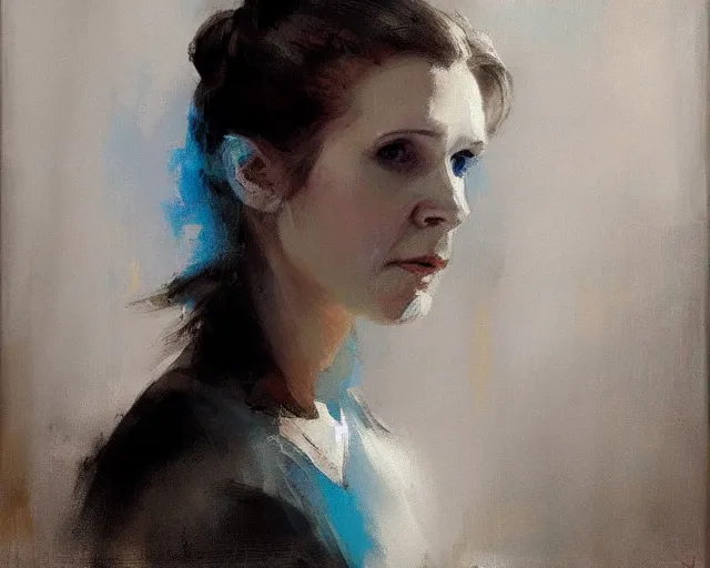 Image similar to portrait of leia young carrie fisher in shades of grey but with blue by jeremy mann