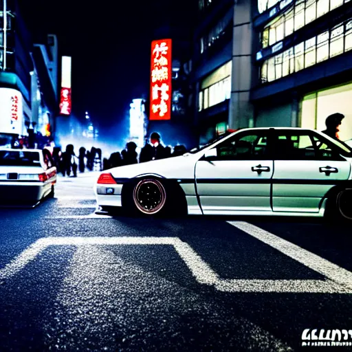 Image similar to a car JZX100 at illegal car meet, Shibuya prefecture, city midnight mist, cinematic color, photorealistic, highly detailed, 200MM