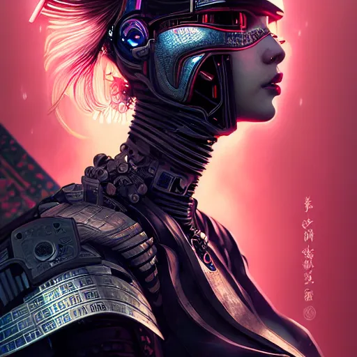Image similar to portrait of a female cyberpunk samurai, black armored armor, at futuristic cyberpunk tokyo night, ssci - fi and fantasy, intricate and very very very beautiful, highly detailed, digital painting, artstation, concept art, smooth and sharp focus, illustration, art by tian zi and wlop and alphonse mucha