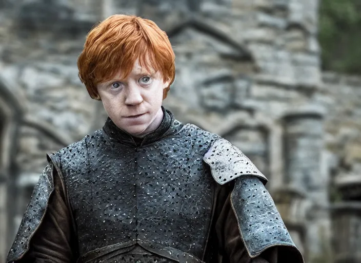 Prompt: ron weasley as thehnellor in game of thrones, rupert grint as thehnellor in game of thrones, handsome portrait of the actor, live action film, cinematic photo, clear hd image