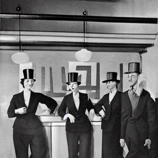 Image similar to business people standing at the bar in 1 9 4 0, top hats, business suits, beer, art deco style, simple shapes