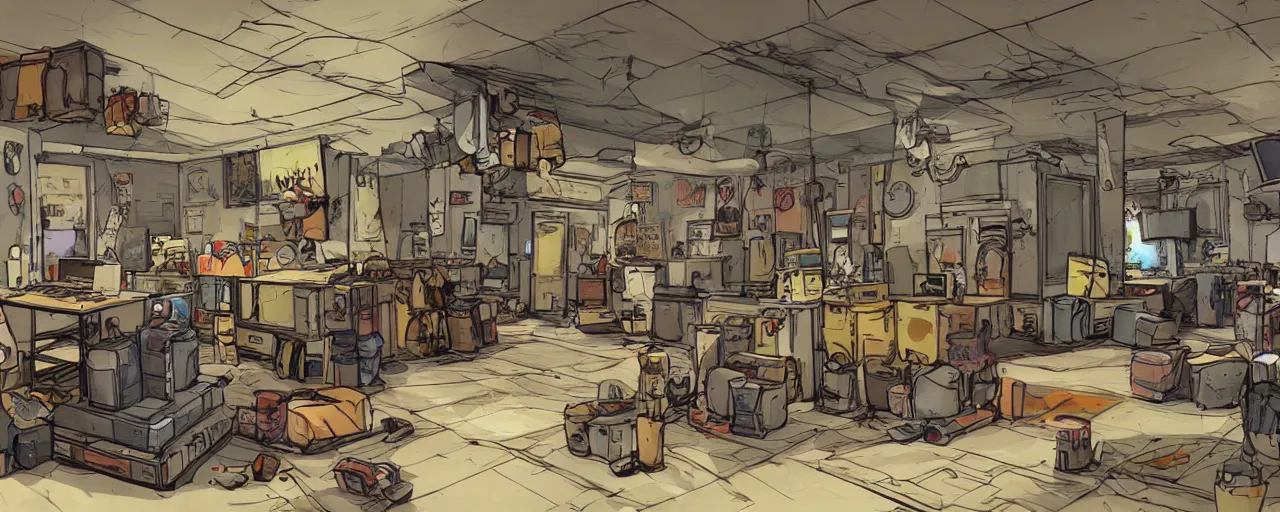 Prompt: wide angle of a cat field clinic, concept art out of the game borderlands, highly detailed