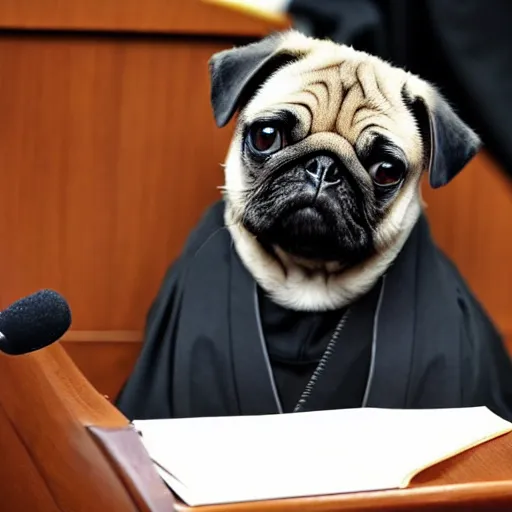 Image similar to a pug as a judge wearing a black robe, sitting behind the desk in court, slamming his gavel, angry looking