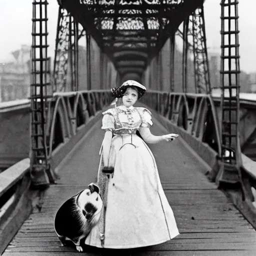 Prompt: a guinea pig wearing a victorian dress stands on a bridge over a river in Paris, vintage black and white photograph