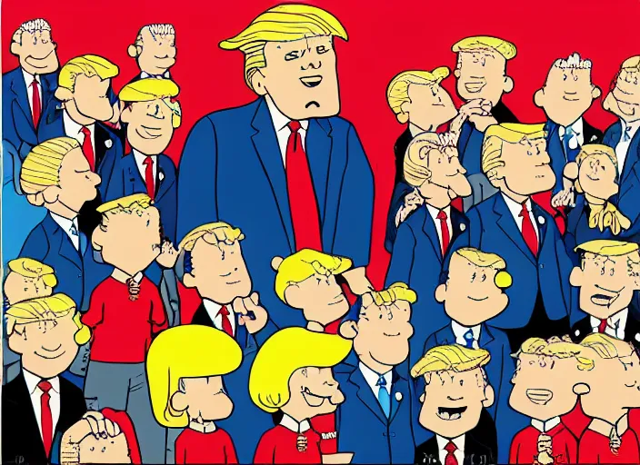 Image similar to donald trump, a jigsaw puzzle by charles schulz, behance contest winner, naive art, official art, colorized, digitally enhanced