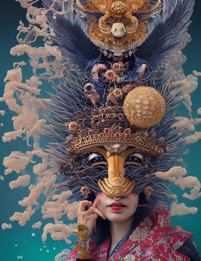 Image similar to goddess macro close - up portrait with crown, ram skull. beautiful intricately detailed japanese crow kitsune mask and clasical japanese kimono. betta fish, jellyfish phoenix, bioluminescent, plasma, ice, water, wind, creature, artwork by tooth wu and wlop and beeple and greg rutkowski