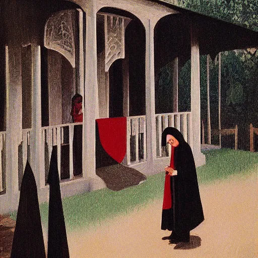 Prompt: grant wood's painting of dracula on the porch of a southern plantation, proudly gazing out on his cotton fields. he is pale, with black hair and a black and red cape.