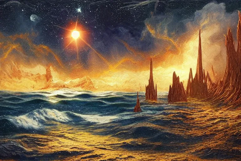 Prompt: miskatonic university big bang seascape in the style of dr. seuss,'interstellar directed by christopher nolan ', painting by albert bierstadt