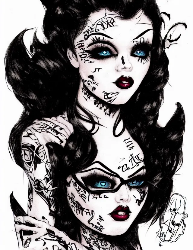 Image similar to of a goth girl burlesque psychobilly, rockabilly, punk, black hair, detailed face, white background, drawing, illustration